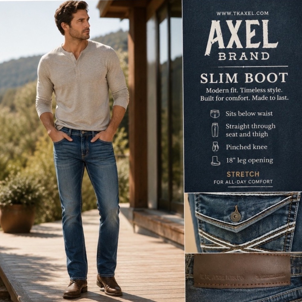 Axel Brand Jeans Mens 34x32 Slim Boot Blue Stretch Denim NEW